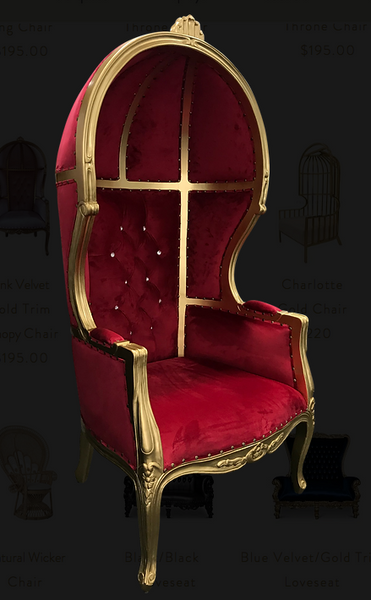 Red Velvet Gold Trim Canopy Chair Rental