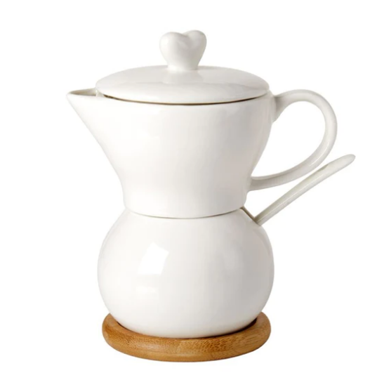 Debora Carlucci White Porcelain Creamer and Sugar Holder in One with Spoon on Wood Base