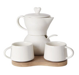 Debora Carlucci White Porcelain Sugar And Creamer - with Espresso Cups Set On Bamboo Tray
