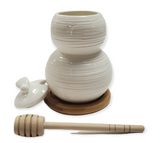 Debora Carlucci White Porcelain Honey Jar and Dripper On a Bamboo Base