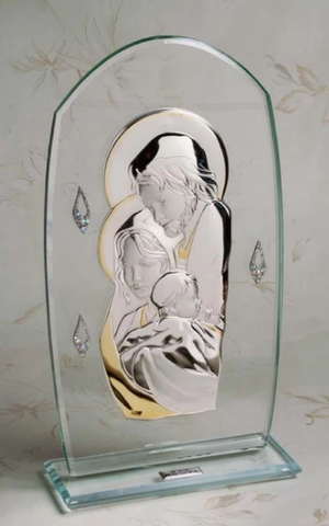 Italian 925 Argento Silver Holy Family w. 18kt Gold Plated Accents On Thick Glass Base