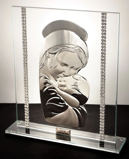 Italian 925 Silver Madonna w. Child Icon Swarovski Crystals