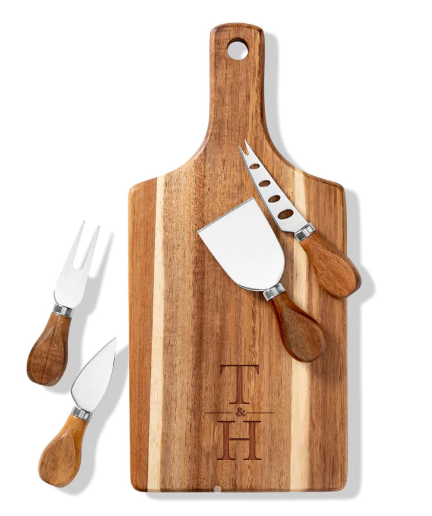 Perfectly Personalized Acacia Serving Board With 4 Piece Knife Set
