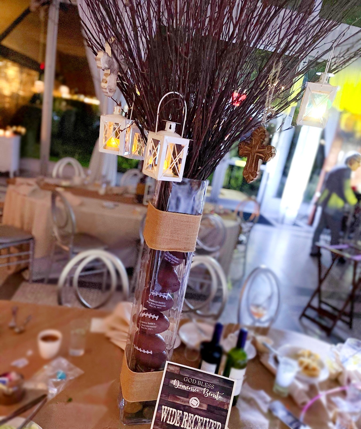 Football Filled Vase Centerpiece w Branches Rental