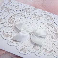 Elegant Pocket Fold Laser Cut Wedding Invitation Card With Bow