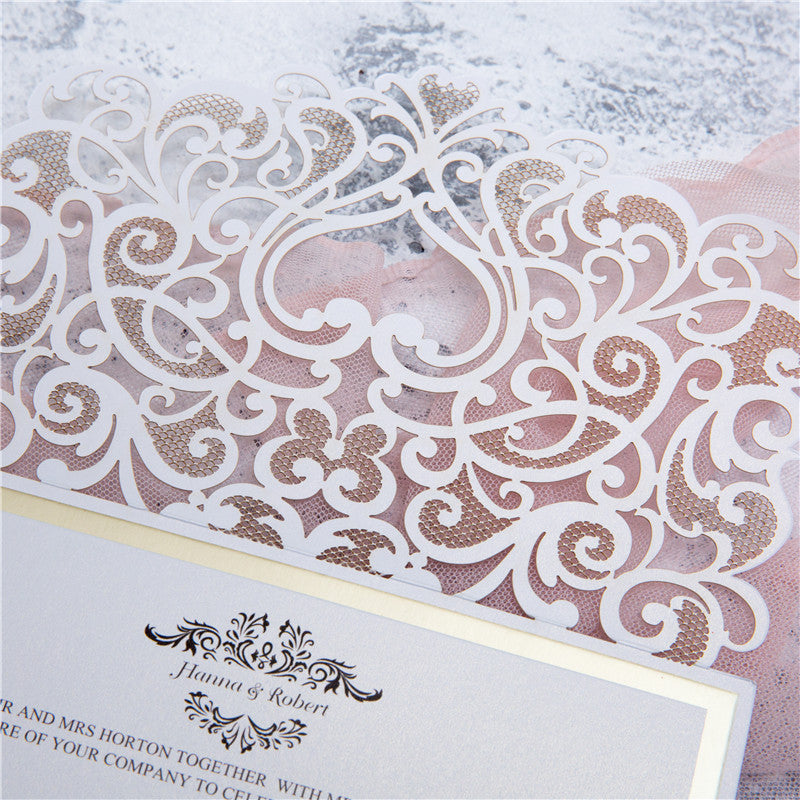 Elegant Pocket Fold Laser Cut Wedding Invitation Card With Bow