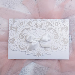 Elegant Pocket Fold Laser Cut Wedding Invitation Card With Bow