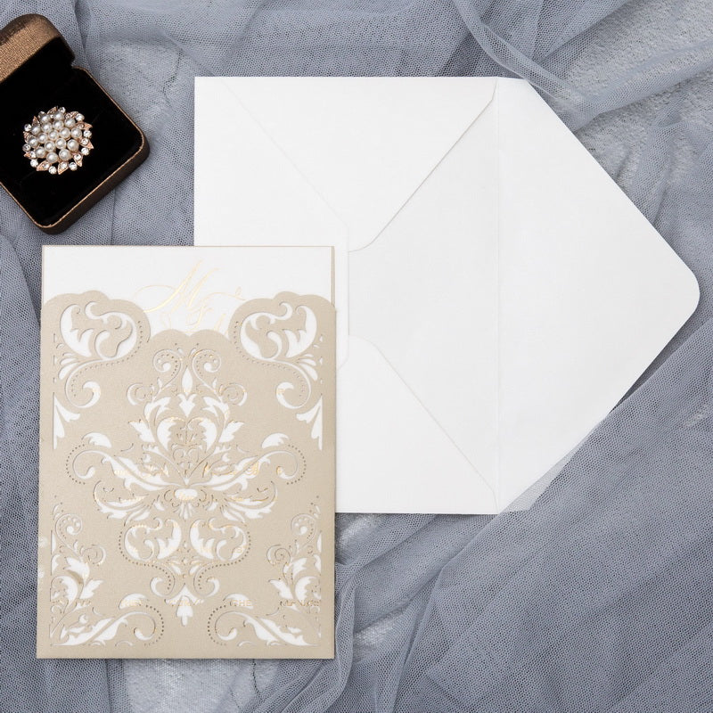 Champagne Gold Damask Pocket Laser Cut Wedding Invitations