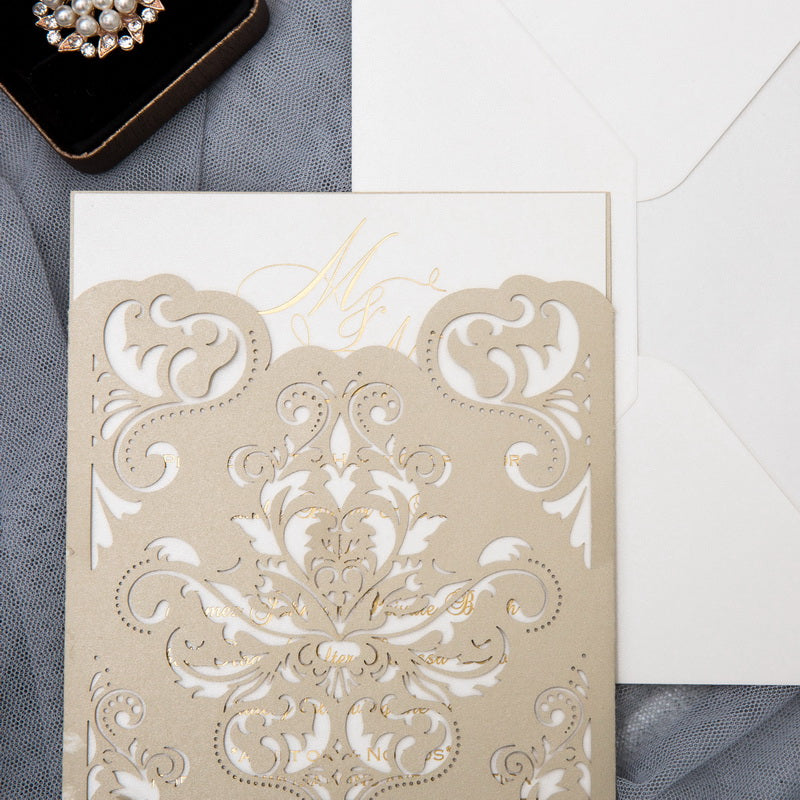Champagne Gold Damask Pocket Laser Cut Wedding Invitations