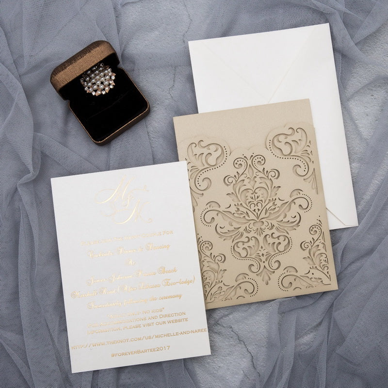 Champagne Gold Damask Pocket Laser Cut Wedding Invitations