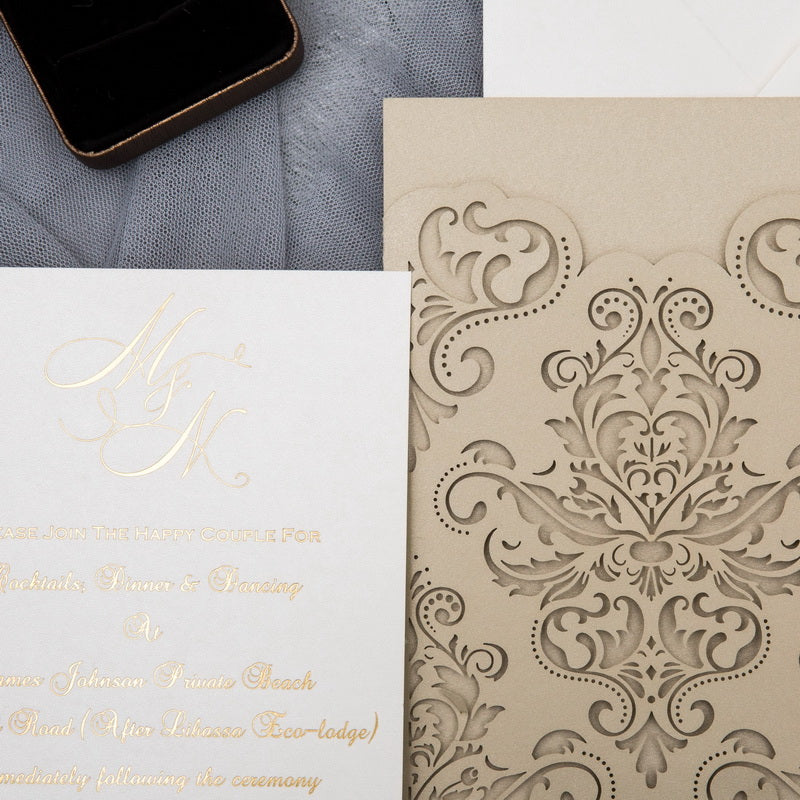 Champagne Gold Damask Pocket Laser Cut Wedding Invitations
