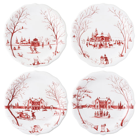 Country Estate Winter Frolic "Mr. & Mrs. Claus" Ruby Party Plates Set/4
