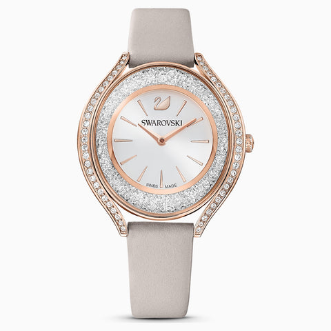 Swarovski Crystalline Aura Watch; Leather Strap; Gray; Rose-Gold Tone Pvd Dalmazio Design