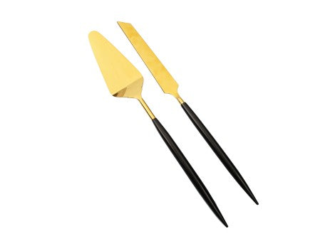 Set of 2 Shiny Gold Cake-Servers with Neat Black Handles