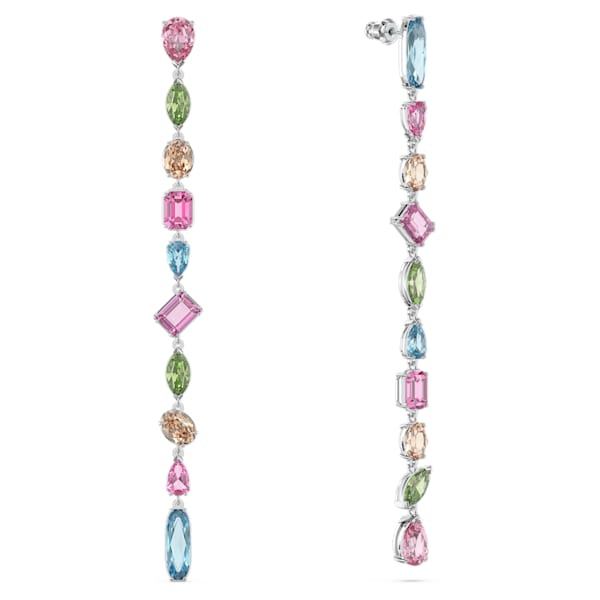 Gema Earrings, Asymmetrical, Extra Long, Multicolored, Rhodium Plated