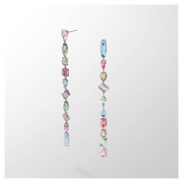 Gema Earrings, Asymmetrical, Extra Long, Multicolored, Rhodium Plated