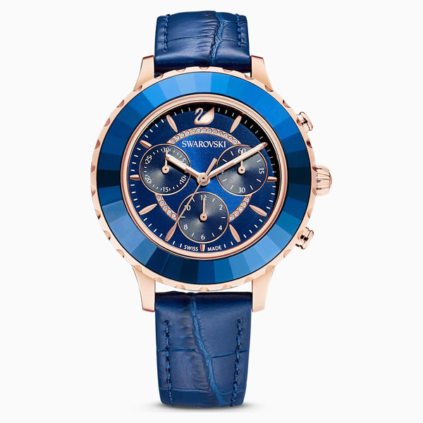 Dalmazio Design - Swarovski Octea Lux Chrono Watch&#44; Leather Strap&#44; Blue&#44; Rose-Gold Tone Pvd