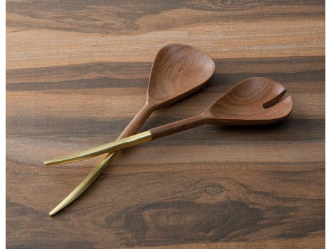 Set of 2 Wooden Salad Servers With Gold Handle