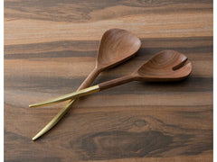 Set of 2 Wooden Salad Servers With Gold Handle