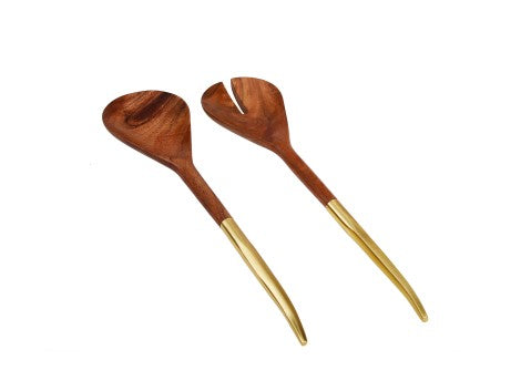 Set of 2 Wooden Salad Servers With Gold Handle