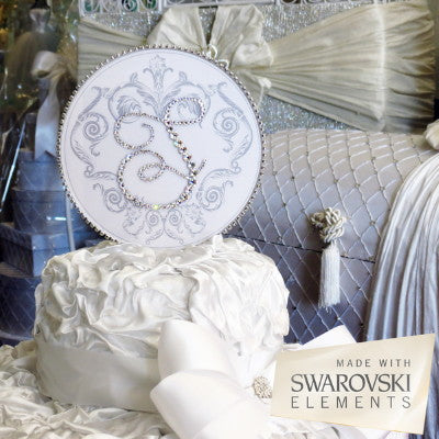 Dalmazio Design Cake Topper Swarovski Plaque - 6" Round Vintage Motif Silver Personalized Initial