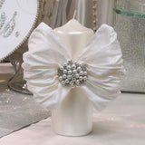 Dalmazio Design Pillar Candle With Silk Bow and Crystal and Pearl Brooch