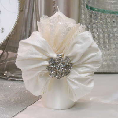 Dalmazio Design Pillar Candle With Silk and Lace Bow and Crystal Brooch