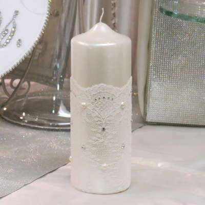Dalmazio Design Pillar Candle Wrapped in Lace with Crystals and Pearls