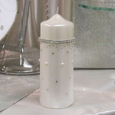 Dalmazio Design Pillar Candle Wrapped in Tulle with Crystals and Pearls