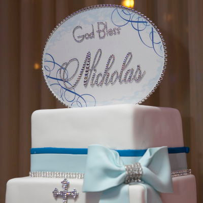 Dalmazio Design Cake Topper Swarovski Plaque - Oval Horizontal Soft Edge Flourishes God Bless w/ Personalization