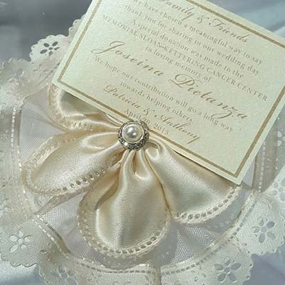 Dalmazio Design CRF Margherita Satin Pearl + Rhinestone Accent with Velo Ruffle + Personalized Donation Card