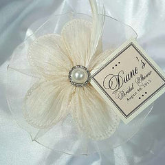 Dalmazio Design CRF Margherita Plisse Large Pearl + Rhinestone Accent with Organza Ruffle&#44; Feather + Personalized Card