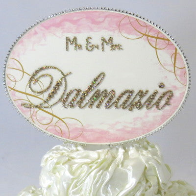 Dalmazio Design Cake Topper Swarovski Plaque - Oval Horizontal Personalized Mr. & Mrs.