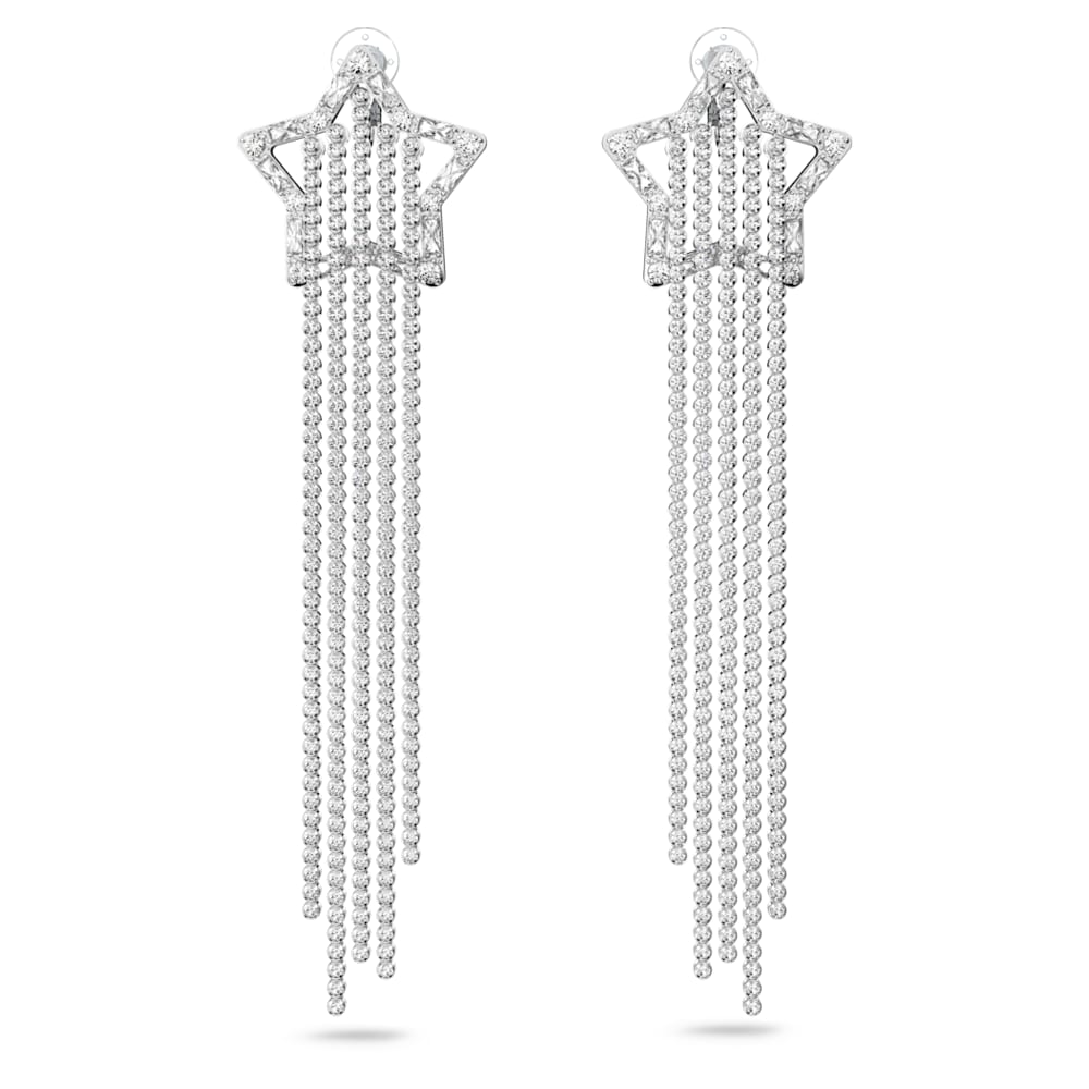 Stella Clip Earrings, Star, White, Rhodium Plated