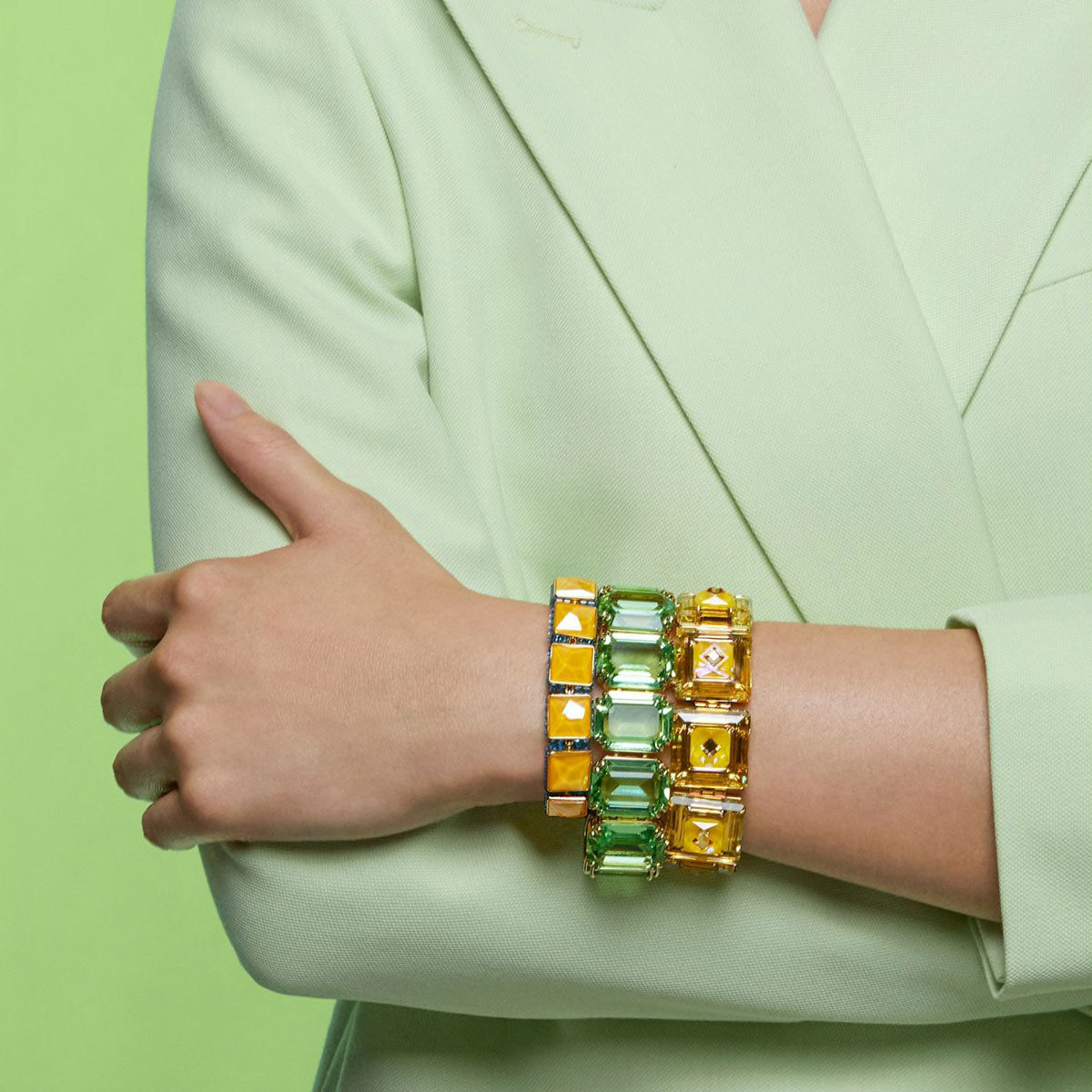 Chroma Bracelet, Cushion Cut Crystals, Yellow, Gold-tone Plated