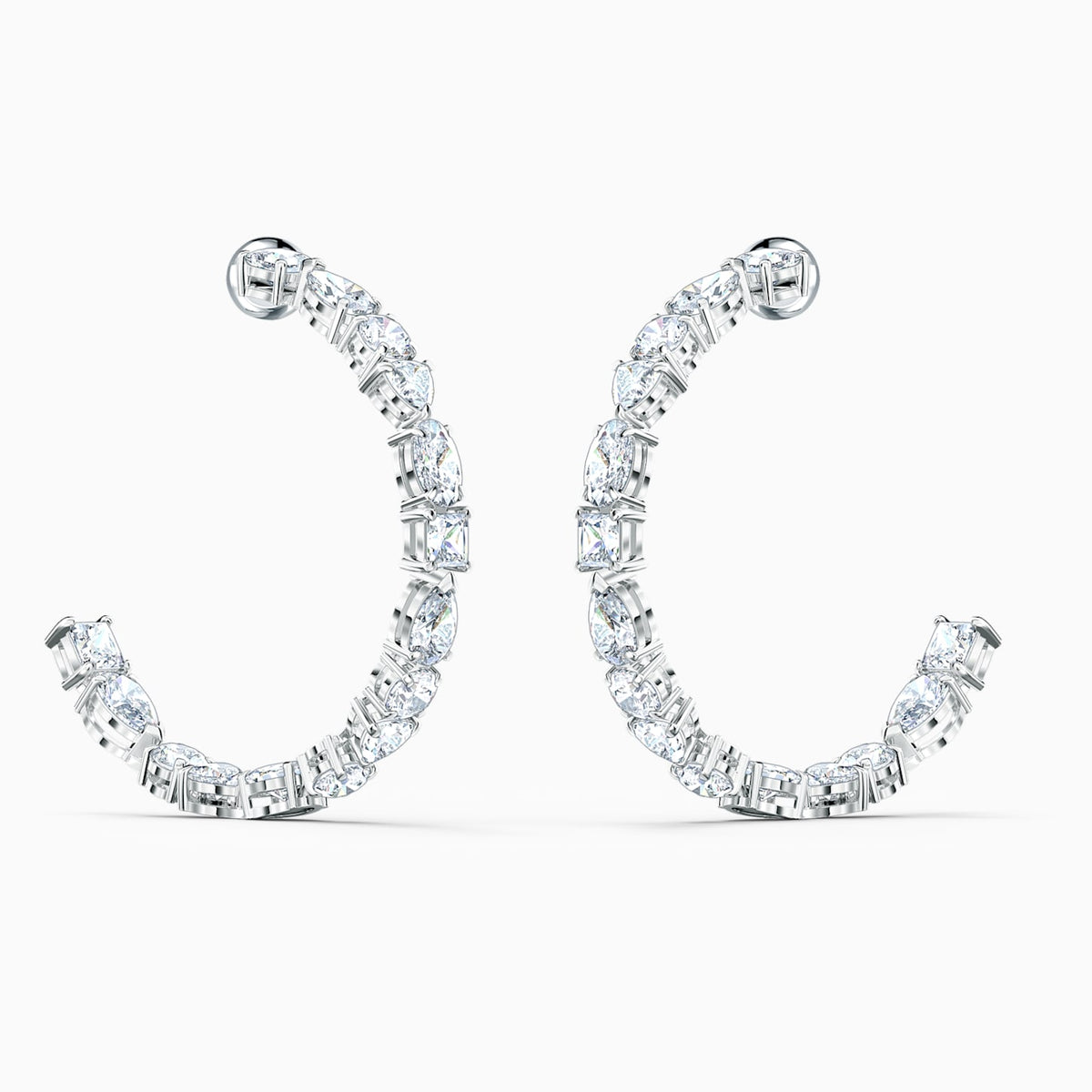 Dalmazio Design - Swarovski Tennis Deluxe Mixed Hoop Pierced Earrings&#44; White&#44; Rhodium Plated