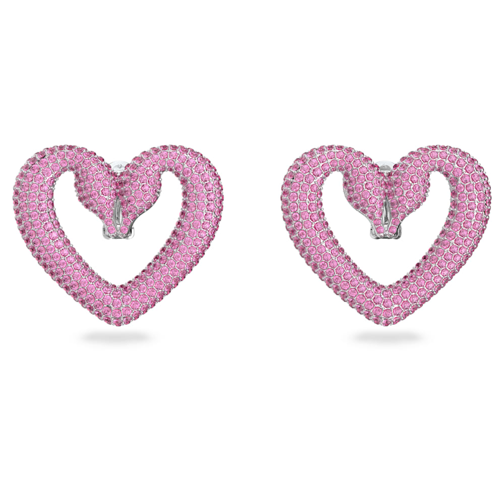 Una Clip Earrings, Heart, Medium, Pink, Rhodium Plated