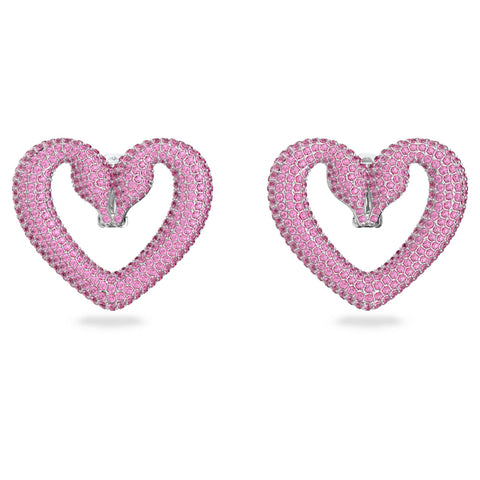 Una Clip Earrings, Heart, Medium, Pink, Rhodium Plated